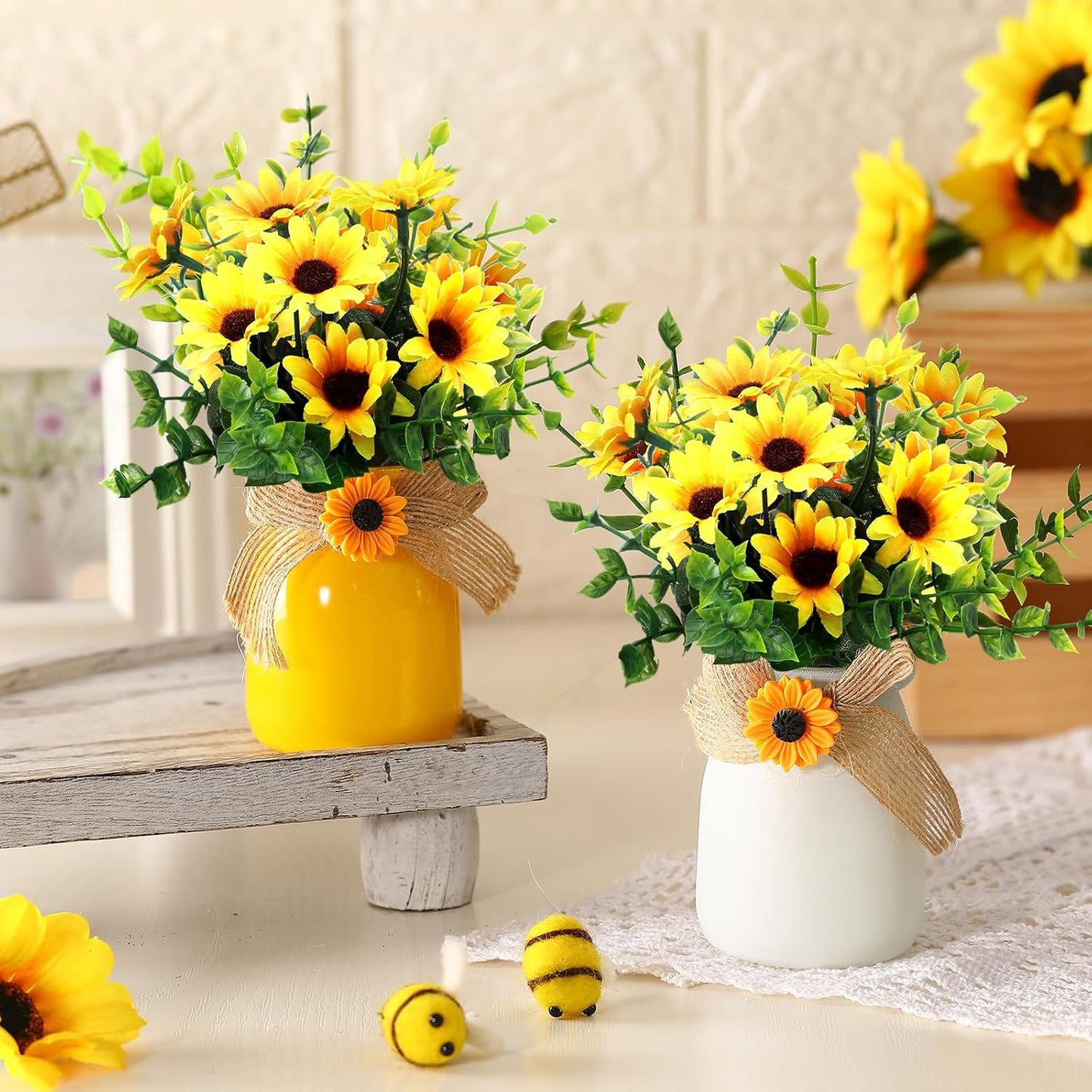 2 Pcs Artificial Fake Flowers in Vase Decorations Sunflower Table Centerpiece Decoration Summer-Sunflowers in Vase Cute Artificial Plant Decor for Summer Farmhouse Home Office Party Gift