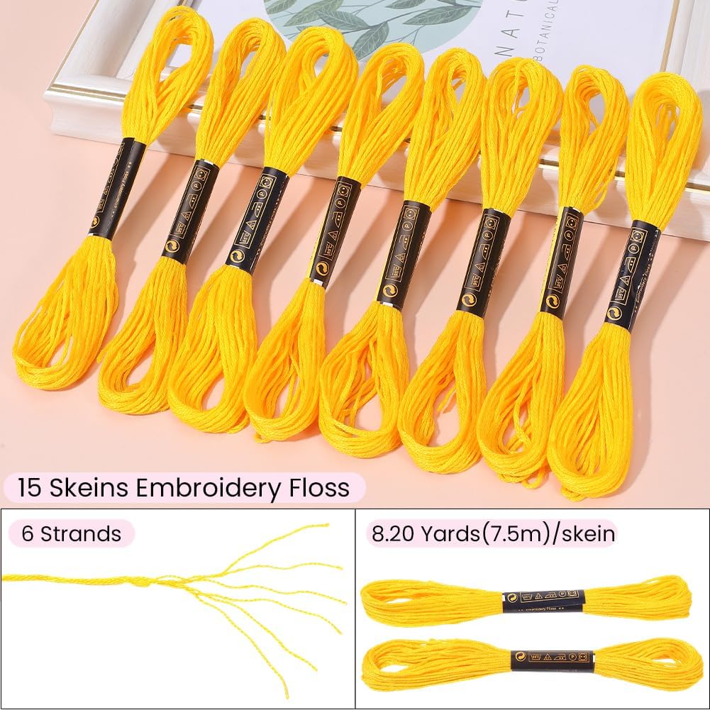 15 Skeins 123 Yards Hand Embroidery Floss Yellow Cotton Cross Stitch Thread Friendship Bracelet String Yarn Needlepoint Threads Kit Bulk for Sewing Knitting Jewelry Crafts Bracelets Crochet