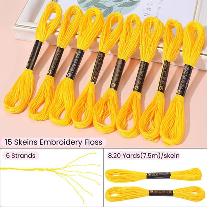 15 Skeins 123 Yards Hand Embroidery Floss Yellow Cotton Cross Stitch Thread Friendship Bracelet String Yarn Needlepoint Threads Kit Bulk for Sewing Knitting Jewelry Crafts Bracelets Crochet