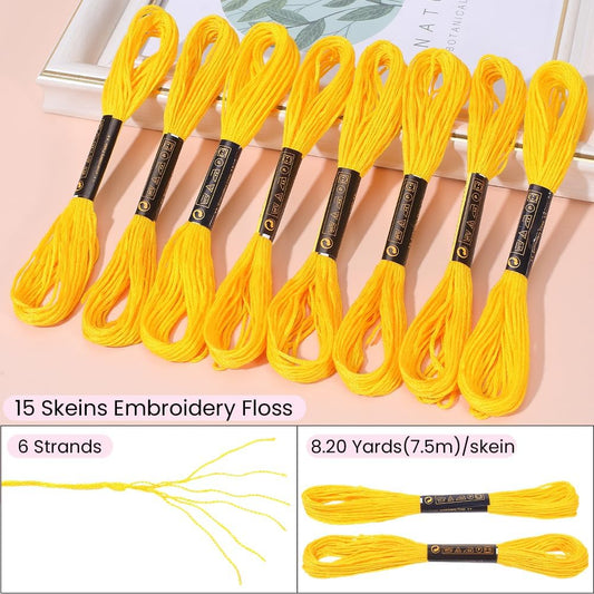 15 Skeins 123 Yards Hand Embroidery Floss Yellow Cotton Cross Stitch Thread Friendship Bracelet String Yarn Needlepoint Threads Kit Bulk for Sewing Knitting Jewelry Crafts Bracelets Crochet