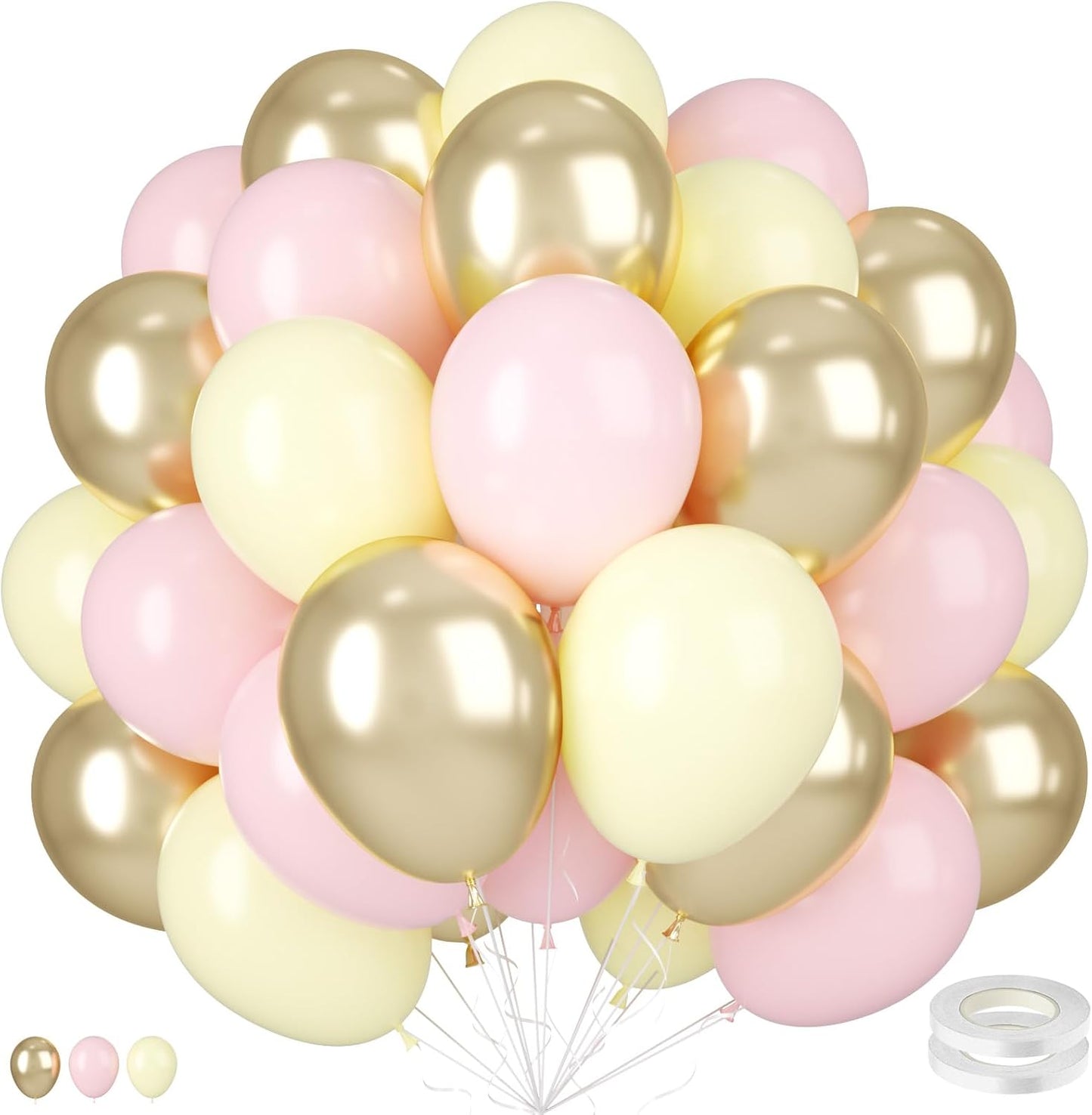Pink Yellow Gold Balloons, 50 Pcs 12 Inch Latex Pastel Birthday Balloons | Macaron Pink, Pastel Yellow and Metallic Sand Gold for Baby Shower, Bridal Shower, Birthday and Party Decorations
