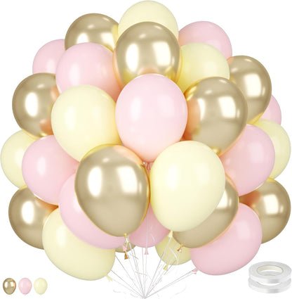 Pink Yellow Gold Balloons, 50 Pcs 12 Inch Latex Pastel Birthday Balloons | Macaron Pink, Pastel Yellow and Metallic Sand Gold for Baby Shower, Bridal Shower, Birthday and Party Decorations