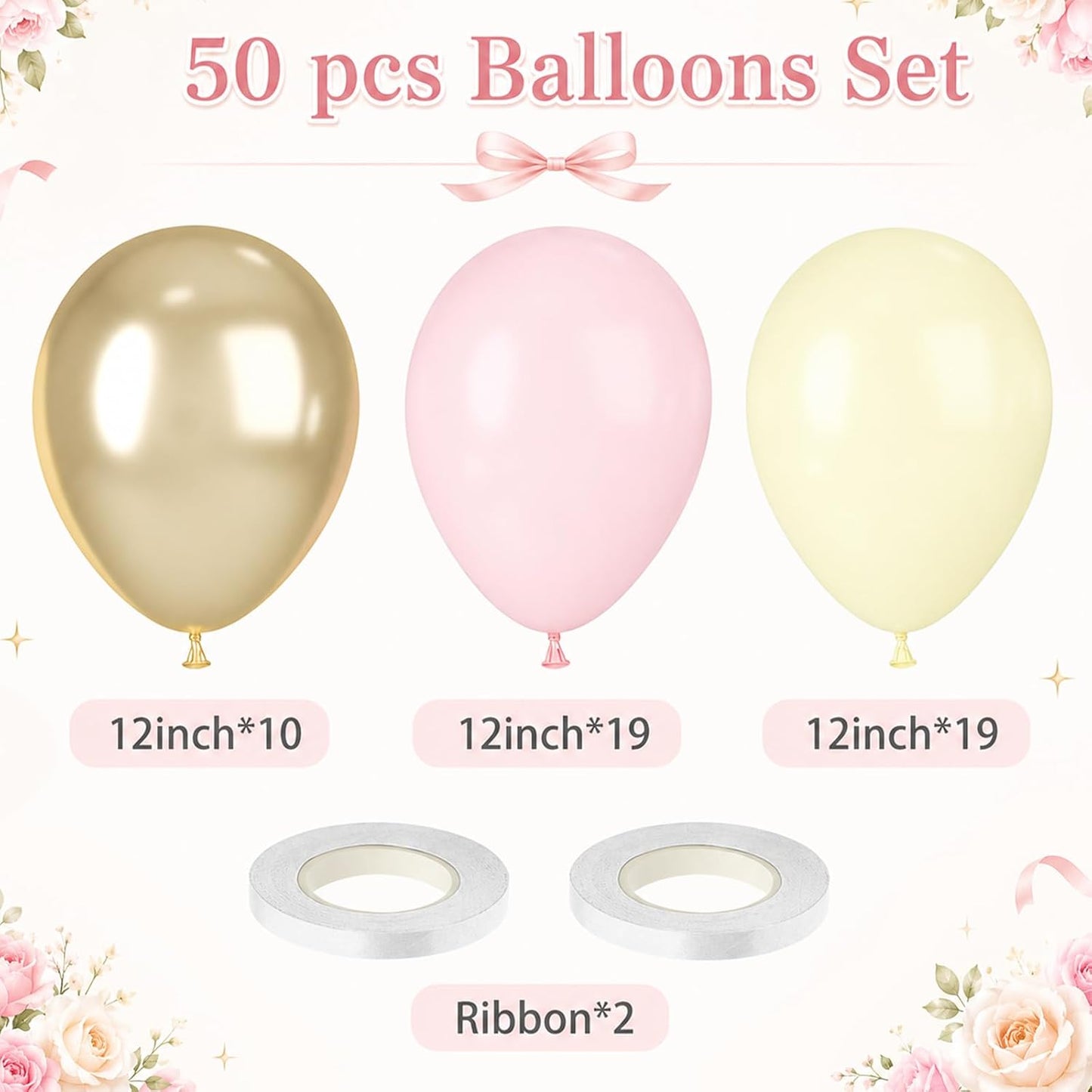 Pink Yellow Gold Balloons, 50 Pcs 12 Inch Latex Pastel Birthday Balloons | Macaron Pink, Pastel Yellow and Metallic Sand Gold for Baby Shower, Bridal Shower, Birthday and Party Decorations