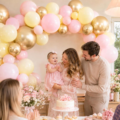 Pink Yellow Gold Balloons, 50 Pcs 12 Inch Latex Pastel Birthday Balloons | Macaron Pink, Pastel Yellow and Metallic Sand Gold for Baby Shower, Bridal Shower, Birthday and Party Decorations