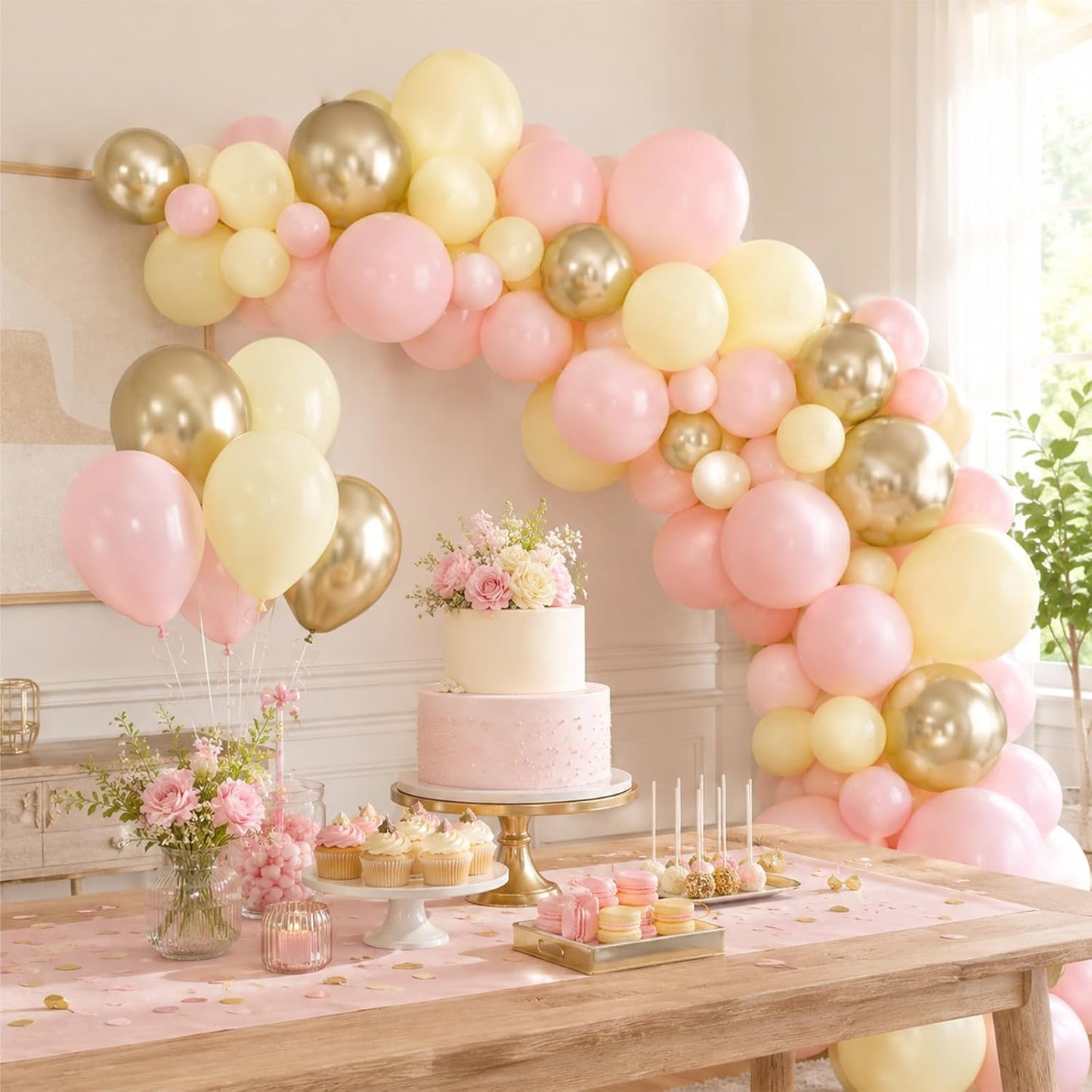 Pink Yellow Gold Balloons, 50 Pcs 12 Inch Latex Pastel Birthday Balloons | Macaron Pink, Pastel Yellow and Metallic Sand Gold for Baby Shower, Bridal Shower, Birthday and Party Decorations