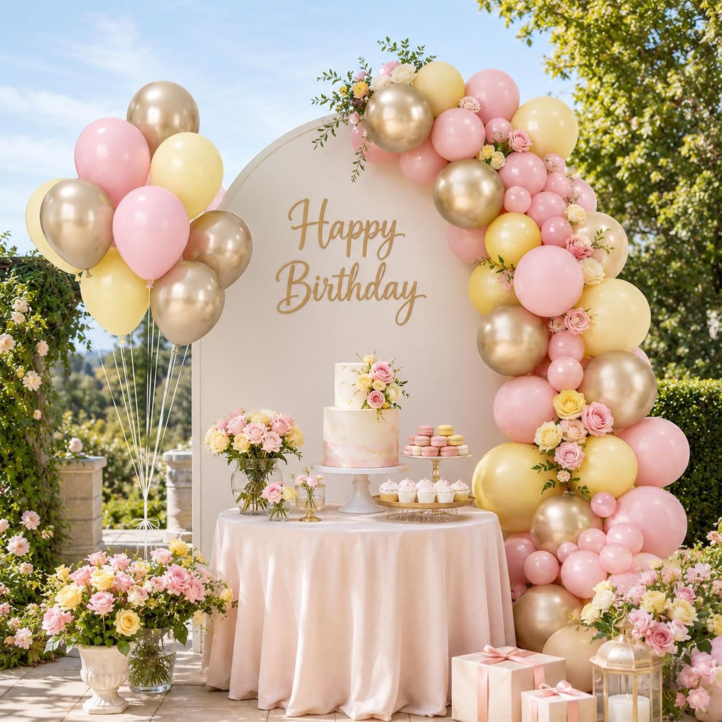 Pink Yellow Gold Balloons, 50 Pcs 12 Inch Latex Pastel Birthday Balloons | Macaron Pink, Pastel Yellow and Metallic Sand Gold for Baby Shower, Bridal Shower, Birthday and Party Decorations