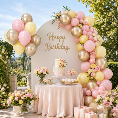 Pink Yellow Gold Balloons, 50 Pcs 12 Inch Latex Pastel Birthday Balloons | Macaron Pink, Pastel Yellow and Metallic Sand Gold for Baby Shower, Bridal Shower, Birthday and Party Decorations