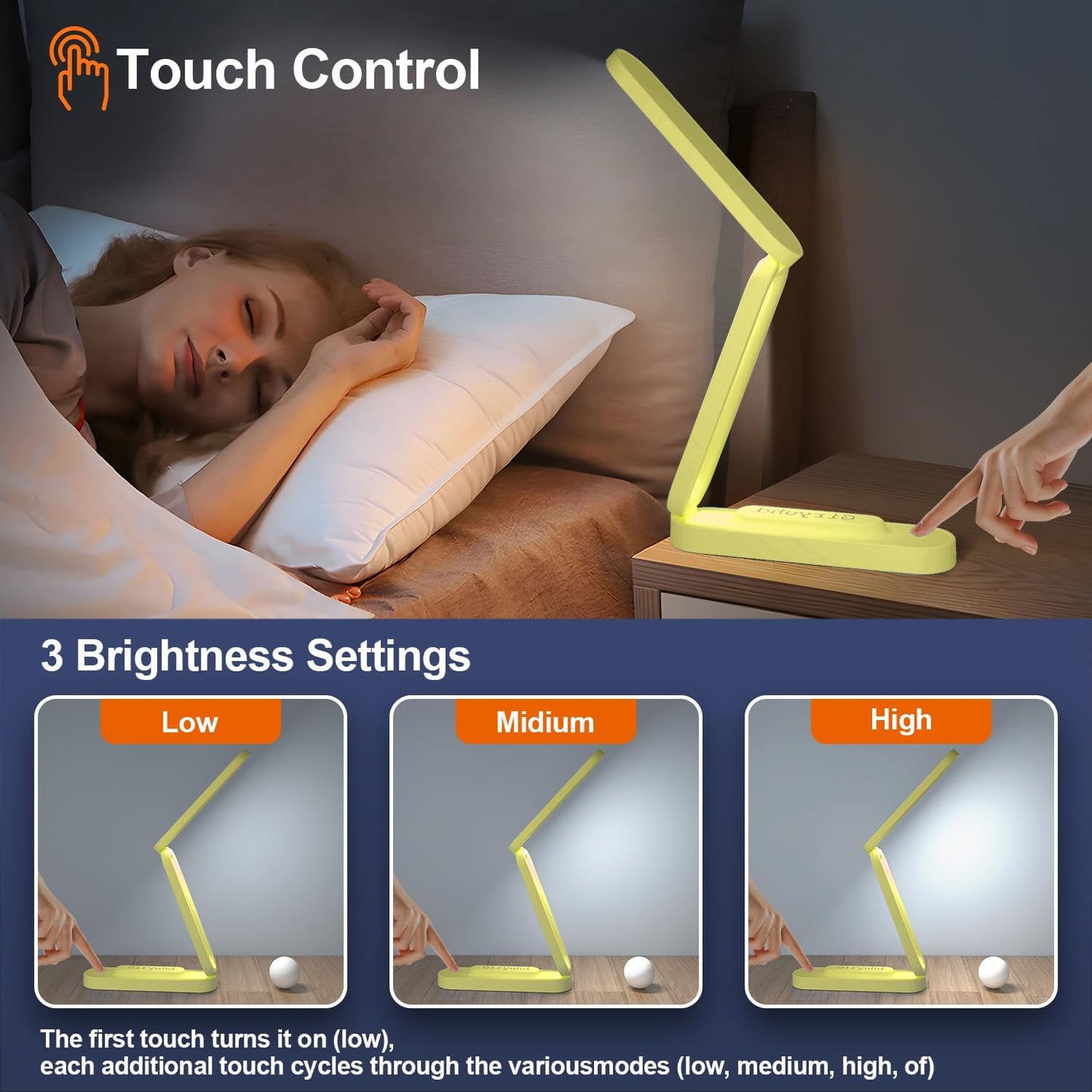 LED Desk Lamp for Office Home & Battery Operated Lamp Rechargeable Lamp Foldable & Portable Light, LED Desk Light Strip, 3 Brightness Dimmable Small Desk Lamp Reading Lamp (Yellow)