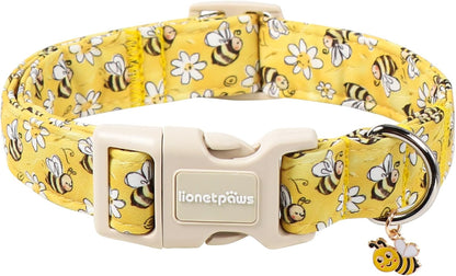 Spring Dog Collar- Cute Bees Yellow Dogs Collar with Plastic Buckle and Bee Pendant,Dog Collar for Small Medium Dogs