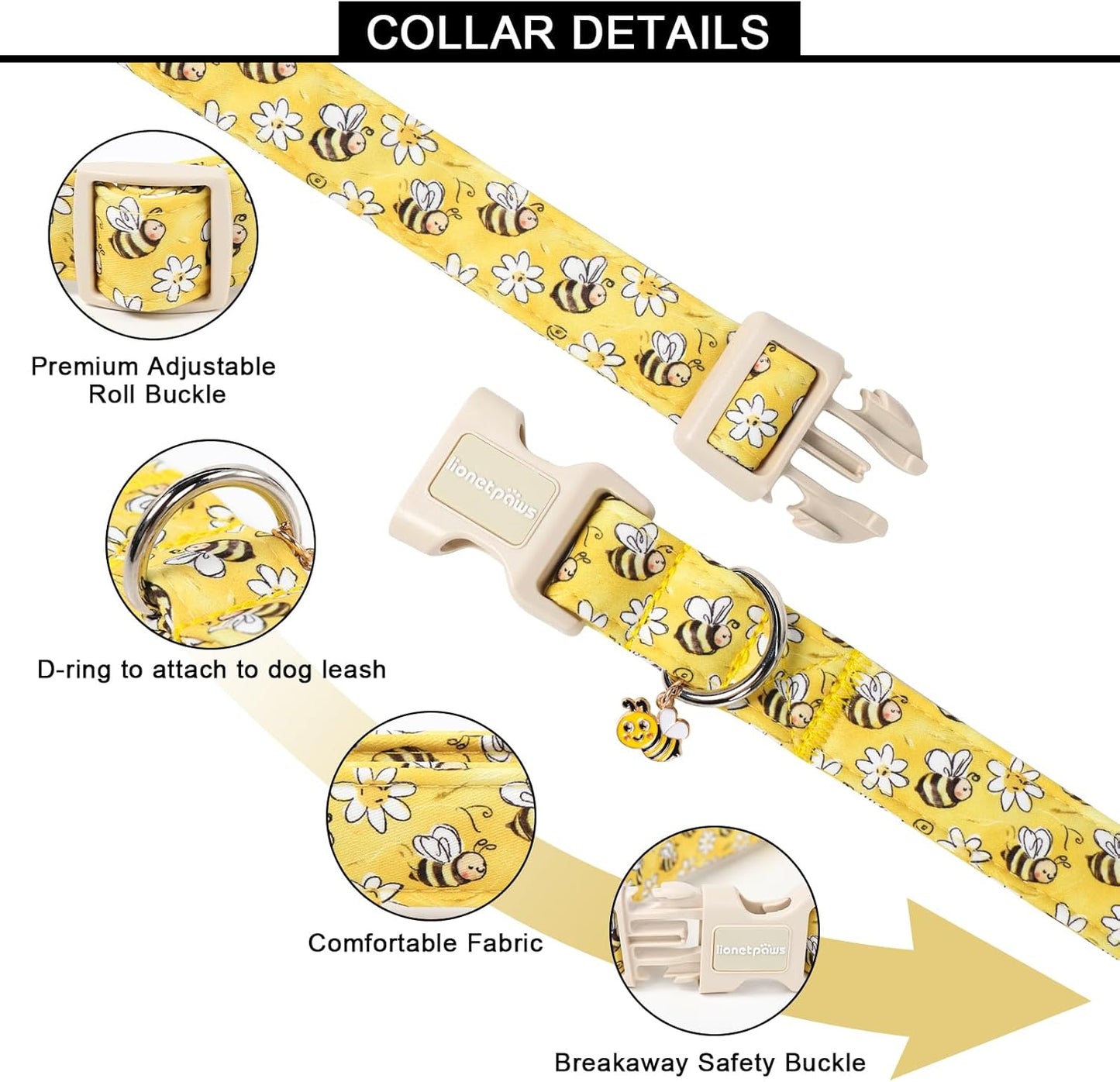Spring Dog Collar- Cute Bees Yellow Dogs Collar with Plastic Buckle and Bee Pendant,Dog Collar for Small Medium Dogs