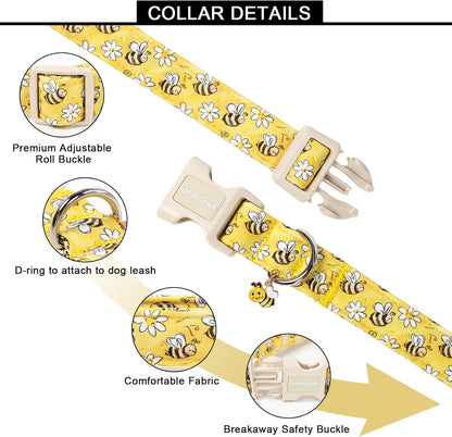 Spring Dog Collar- Cute Bees Yellow Dogs Collar with Plastic Buckle and Bee Pendant,Dog Collar for Small Medium Dogs