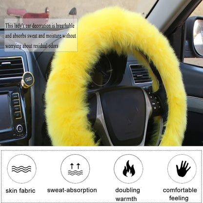 1 Set 5 Pcs Fluffy Steering Wheel Cover Set & Handbrake Cover & Gear Shift Cover Set & Seat Belt Shoulder Pads Car Interior Furry Steering Wheel Covers Fit for 15 Inch (Yellow)