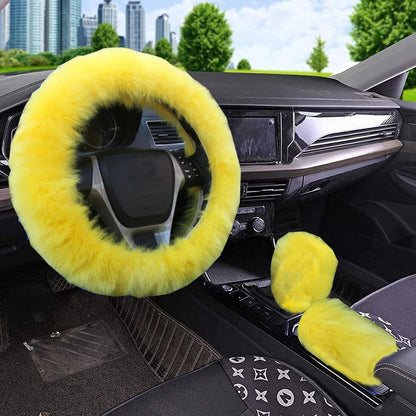 1 Set 5 Pcs Fluffy Steering Wheel Cover Set & Handbrake Cover & Gear Shift Cover Set & Seat Belt Shoulder Pads Car Interior Furry Steering Wheel Covers Fit for 15 Inch (Yellow)