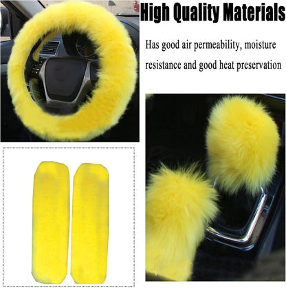 1 Set 5 Pcs Fluffy Steering Wheel Cover Set & Handbrake Cover & Gear Shift Cover Set & Seat Belt Shoulder Pads Car Interior Furry Steering Wheel Covers Fit for 15 Inch (Yellow)