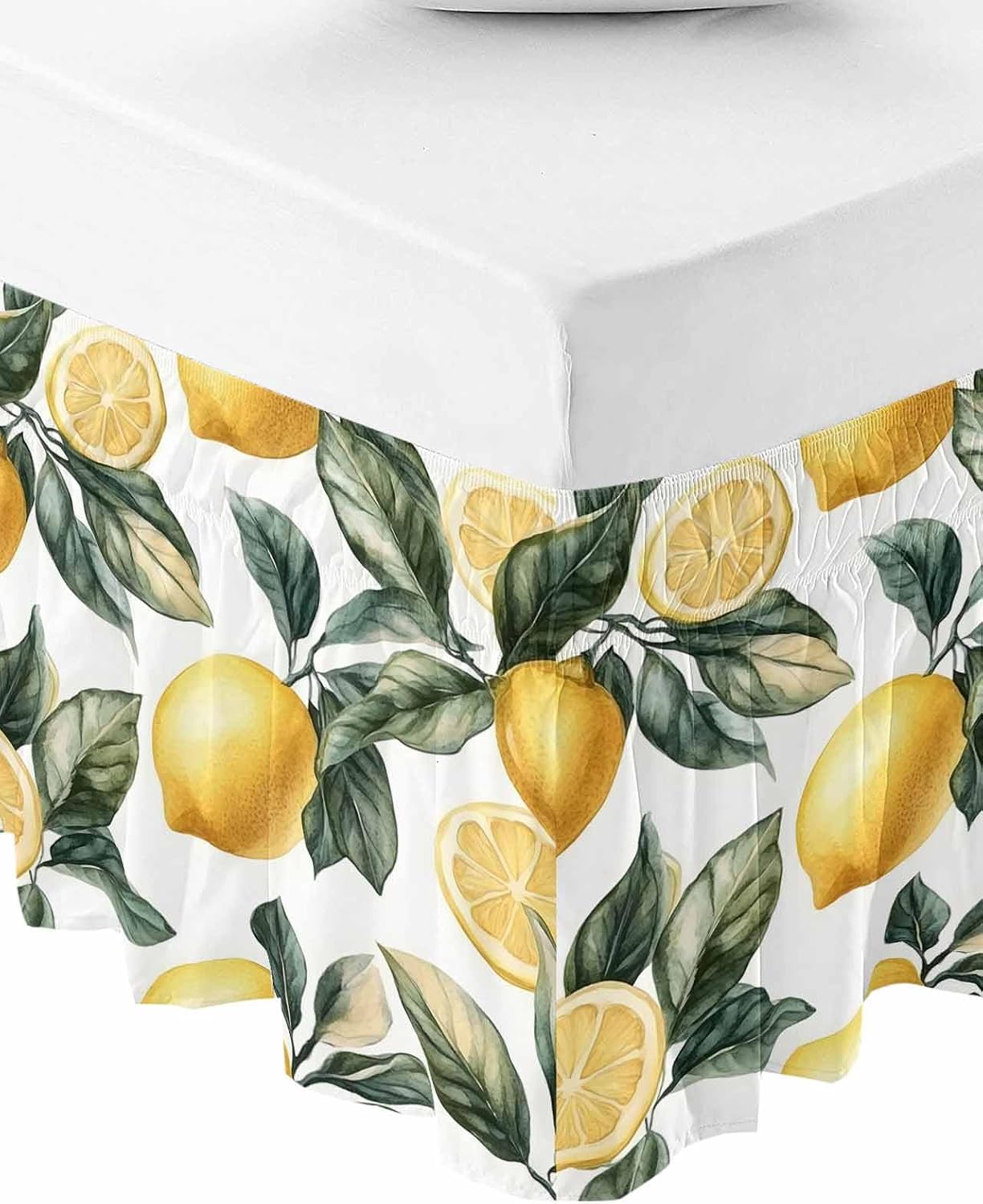 Lemon Bed Skirt Queen Size 16 Inch Drop, Adjustable Elastic Wrap Around Bed Skirts Easy Fitting Dust Ruffle Bedskirt Bed Frame Cover Summer Yellow Fruit Country Spring Leaf Plant