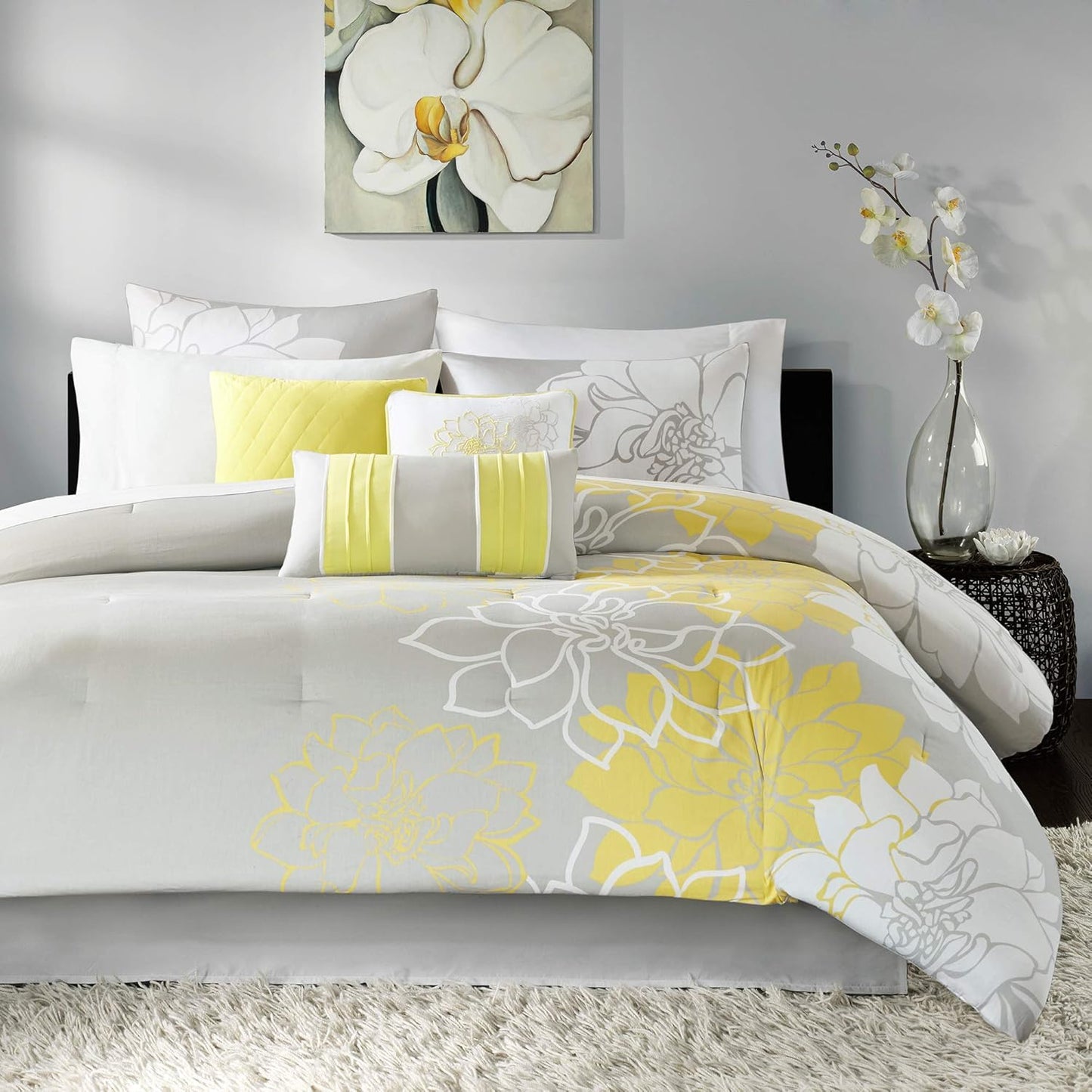 Lola Sateen Cotton Comforter Set-Casual Medallion Floral Design All Season Down Alternative Bedding, Shams, Bedskirt, Decorative Pillows, Queen(90"x90"), Grey/Yellow, 7 Piece