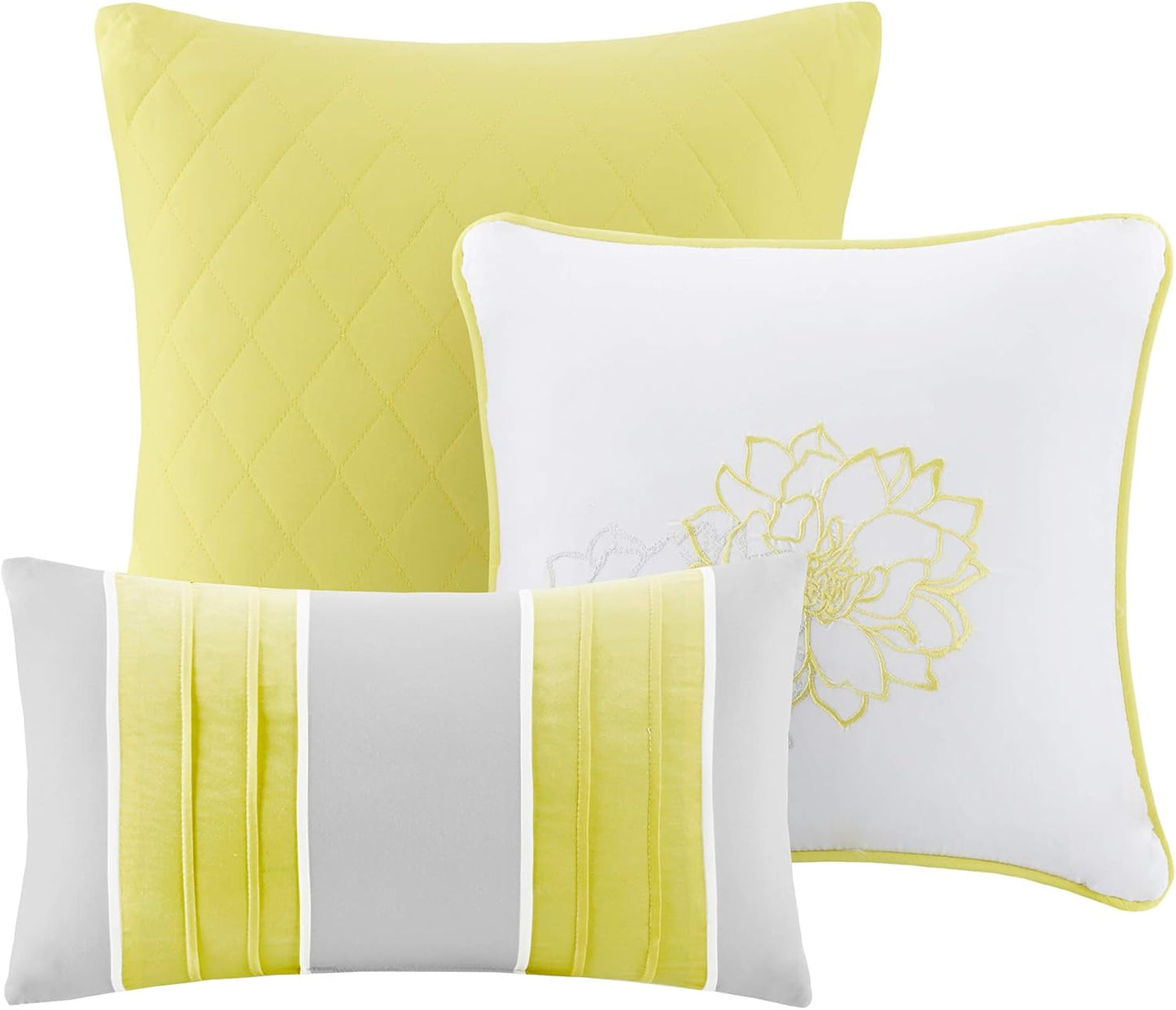 Lola Sateen Cotton Comforter Set-Casual Medallion Floral Design All Season Down Alternative Bedding, Shams, Bedskirt, Decorative Pillows, Queen(90"x90"), Grey/Yellow, 7 Piece