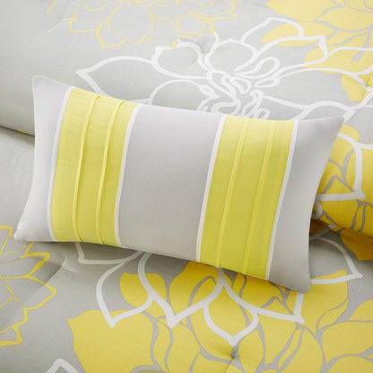 Lola Sateen Cotton Comforter Set-Casual Medallion Floral Design All Season Down Alternative Bedding, Shams, Bedskirt, Decorative Pillows, Queen(90"x90"), Grey/Yellow, 7 Piece