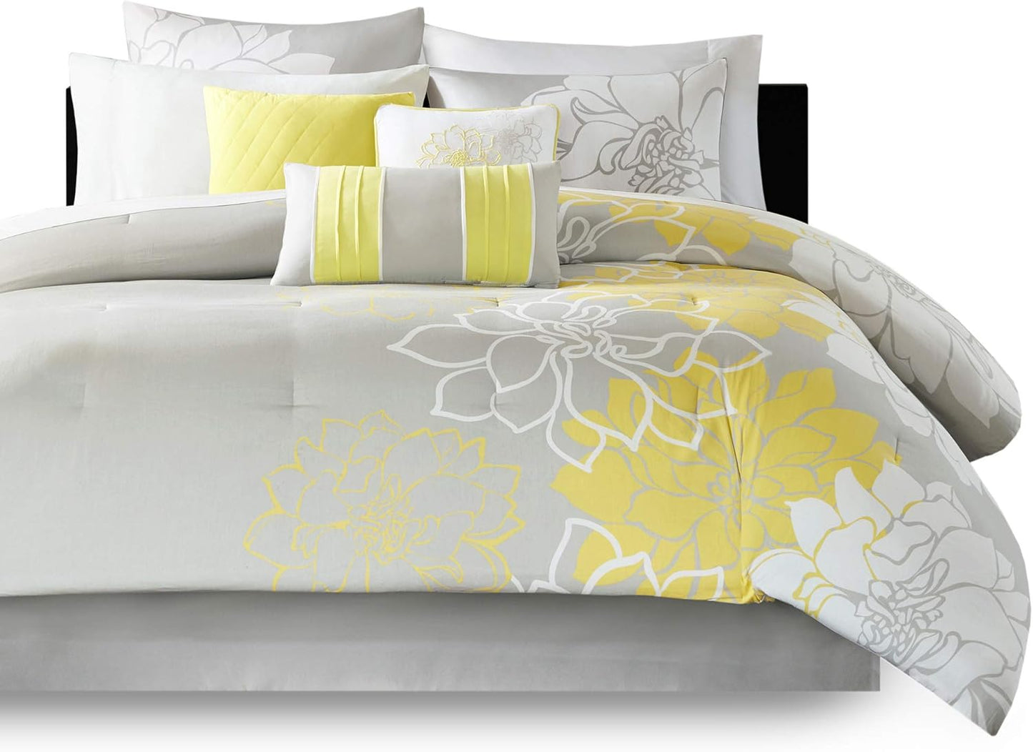 Lola Sateen Cotton Comforter Set-Casual Medallion Floral Design All Season Down Alternative Bedding, Shams, Bedskirt, Decorative Pillows, Queen(90"x90"), Grey/Yellow, 7 Piece