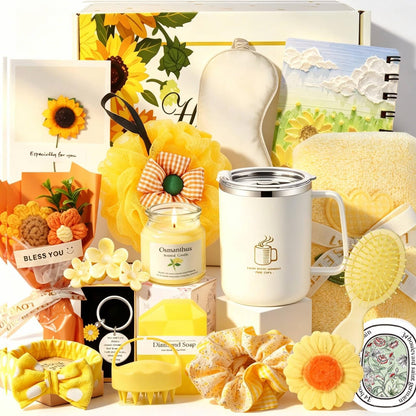 Sunflower Birthday Gifts for Women Self Care Gift - 18Pcs Get Well Soon Sympathy Gift Basket Sending Sunshine Unique Spa Gifts Box for Women Care Package, Mothers Day Gifts for Mom Wife Sister Friends