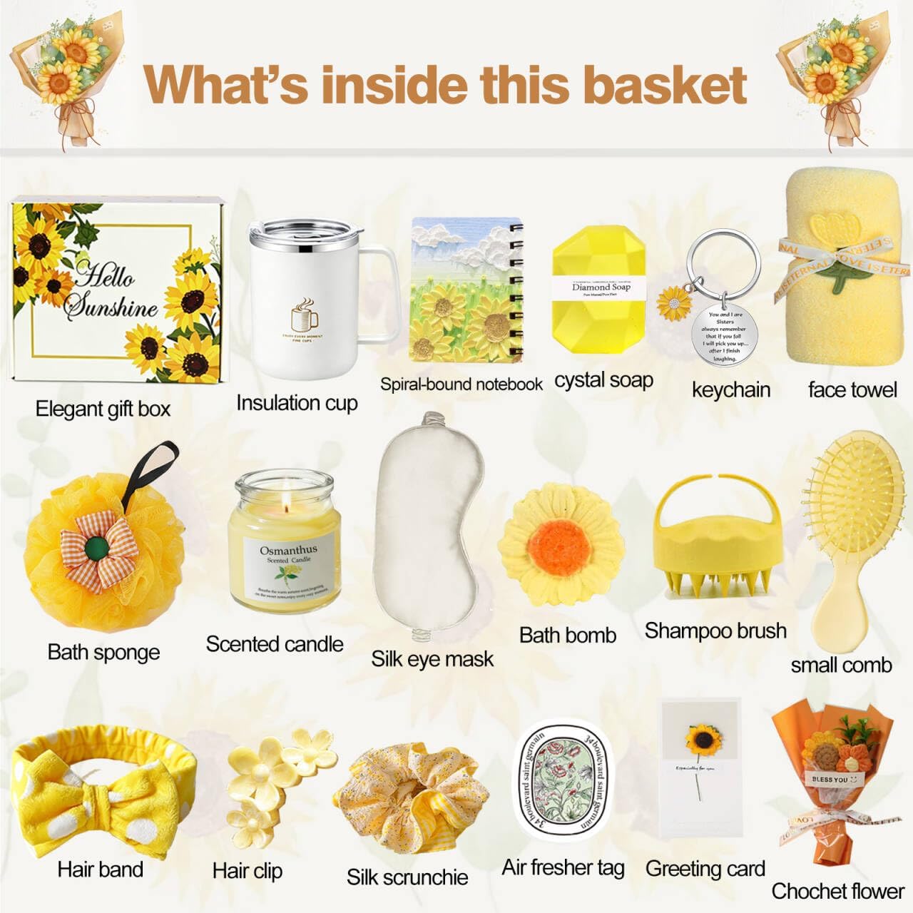 Sunflower Birthday Gifts for Women Self Care Gift - 18Pcs Get Well Soon Sympathy Gift Basket Sending Sunshine Unique Spa Gifts Box for Women Care Package, Mothers Day Gifts for Mom Wife Sister Friends
