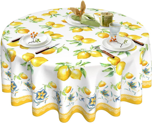 Lemon Tablecloth Round 60 Inch Summer Yellow Fruit Table Cloth for Home Kitchen Dining Table Decor