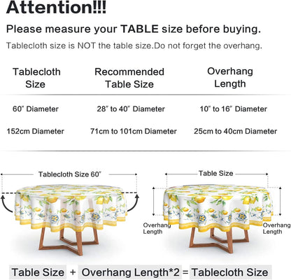 Lemon Tablecloth Round 60 Inch Summer Yellow Fruit Table Cloth for Home Kitchen Dining Table Decor