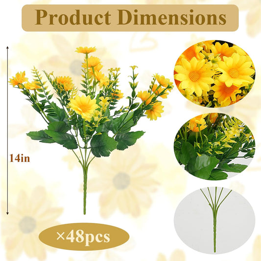 48Pcs Fall Artificial Daisy Flowers 14" Autumn Yellow Fake Mums for Outdoor | UV Resistant, Realistic Silk Faux Flowers for Planters Front Door Porch Patio Garden Window Box Home Balcony Outdoor Indoor