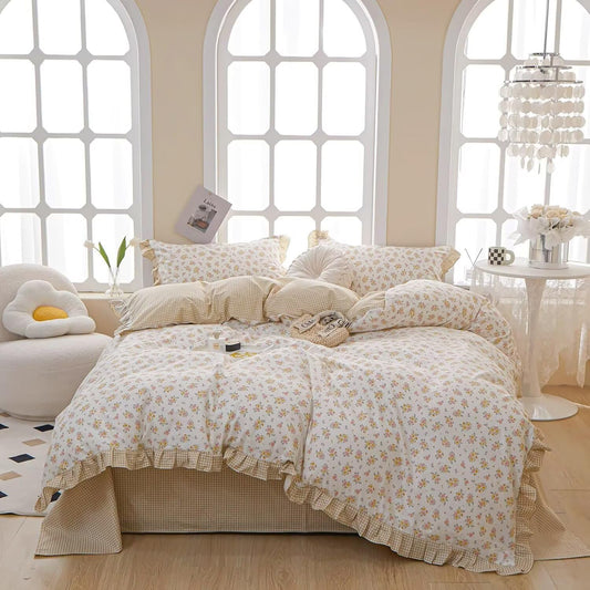 Queen Size Pink & Yellow Floral Ruffled Comforter Set - 3 Piece Cottagecore Style Reversible Bed Set with Beige Plaid Pattern, Soft Aesthetic Bedding Set for Girls Wome