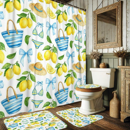 Lemon Shower Curtain Sets, Summer Tropical Hat Bow Summer Yellow Washable with Hooks Bathroom Bathtub Shower Curtain Sets with Rugs Decorative for Toile Guest Room 72x72 Inch