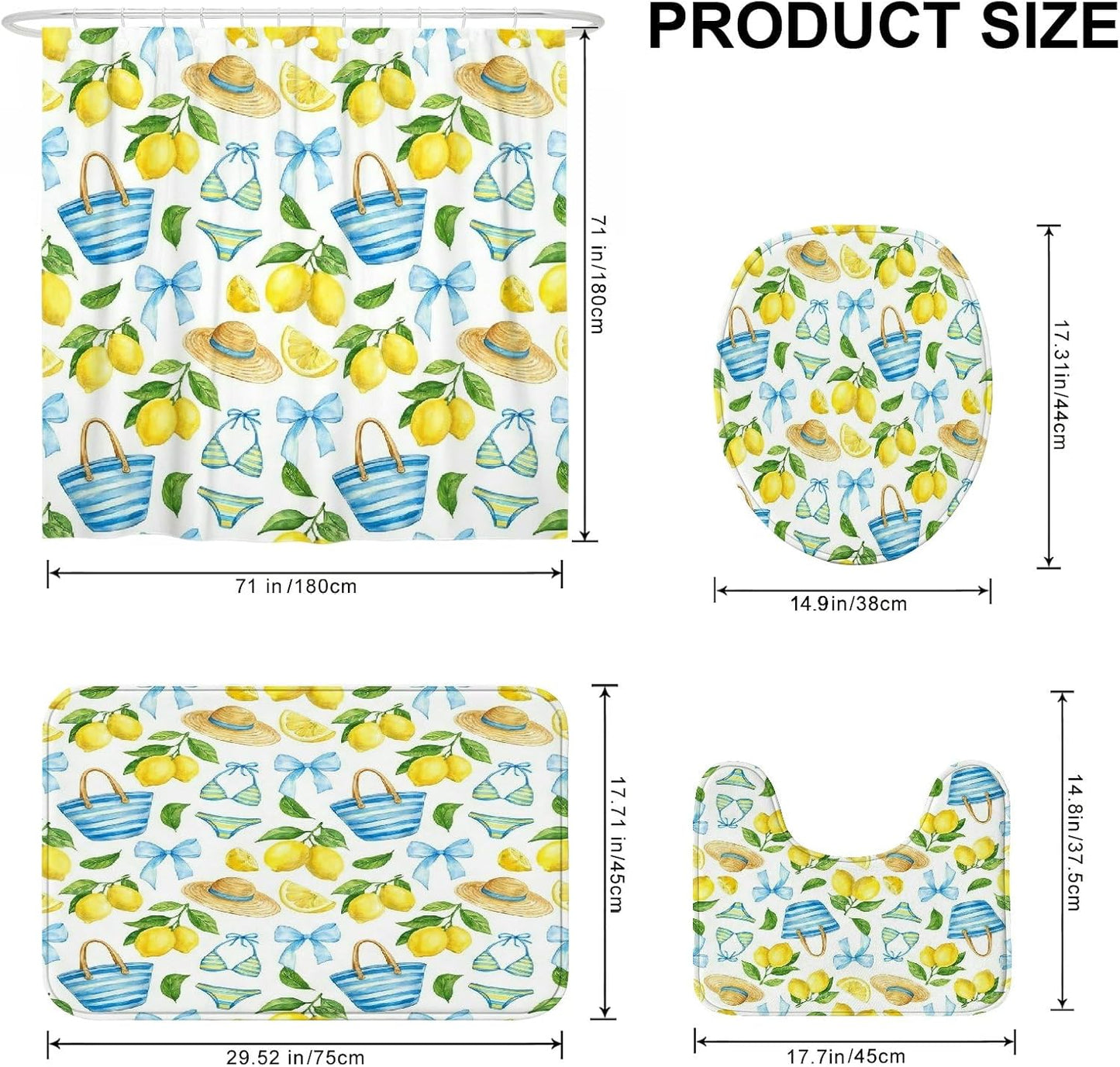 Lemon Shower Curtain Sets, Summer Tropical Hat Bow Summer Yellow Washable with Hooks Bathroom Bathtub Shower Curtain Sets with Rugs Decorative for Toile Guest Room 72x72 Inch