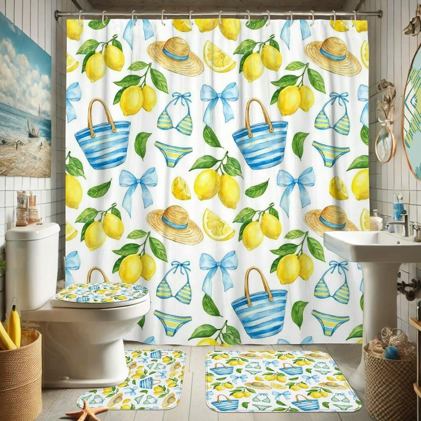 Lemon Shower Curtain Sets, Summer Tropical Hat Bow Summer Yellow Washable with Hooks Bathroom Bathtub Shower Curtain Sets with Rugs Decorative for Toile Guest Room 72x72 Inch