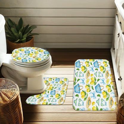 Lemon Shower Curtain Sets, Summer Tropical Hat Bow Summer Yellow Washable with Hooks Bathroom Bathtub Shower Curtain Sets with Rugs Decorative for Toile Guest Room 72x72 Inch