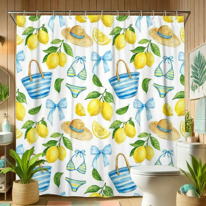 Lemon Shower Curtain Sets, Summer Tropical Hat Bow Summer Yellow Washable with Hooks Bathroom Bathtub Shower Curtain Sets with Rugs Decorative for Toile Guest Room 72x72 Inch