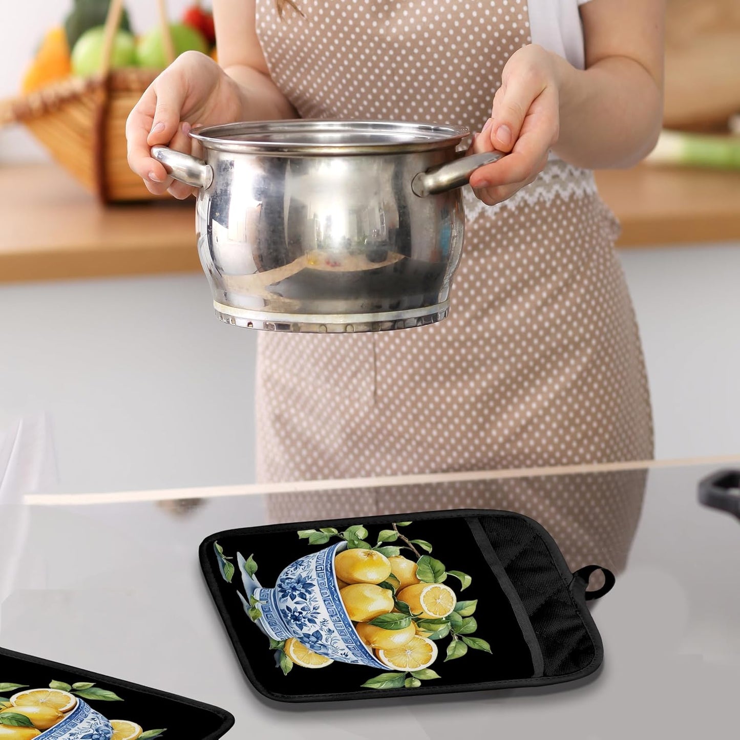 Chinoiserie Lemon Pot Holders with Pockets, Blue and White Grandmillennial Lemon Tree Oven Pot Holders Heat Resistant Oven Mitts Hot Pads for Kitchen Baking Cooking