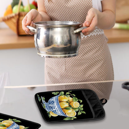 Chinoiserie Lemon Pot Holders with Pockets, Blue and White Grandmillennial Lemon Tree Oven Pot Holders Heat Resistant Oven Mitts Hot Pads for Kitchen Baking Cooking