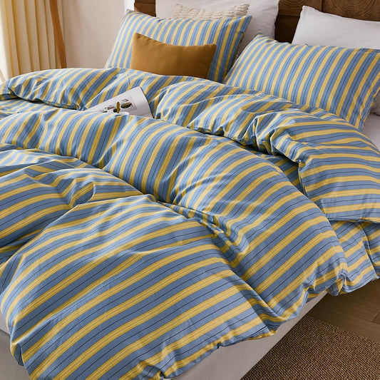 Blue & Yellow Striped Comforter Set Queen Size, 100% Cotton Linen Like Textured Comforter with Ribbon Stripes, Soft Lightweight Reversible Comforter for All Seasons