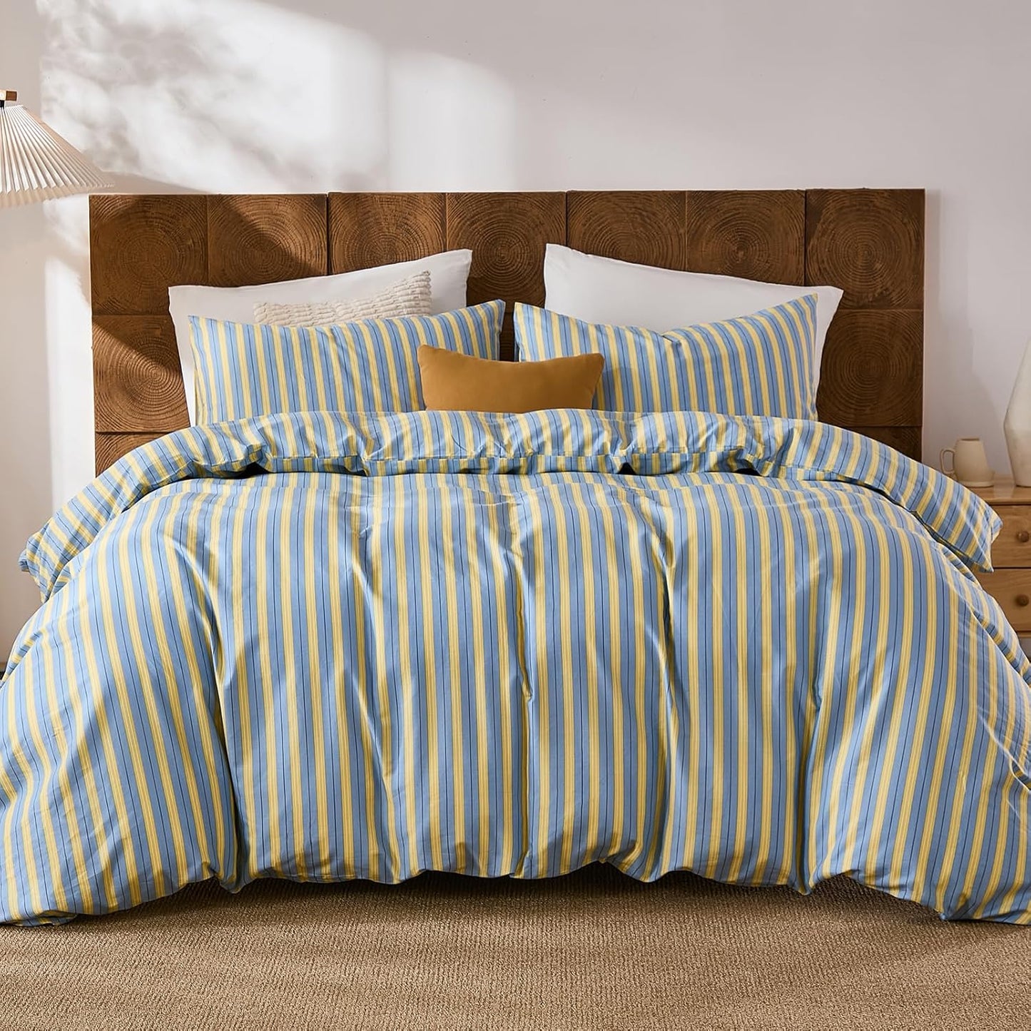 Blue & Yellow Striped Comforter Set Queen Size, 100% Cotton Linen Like Textured Comforter with Ribbon Stripes, Soft Lightweight Reversible Comforter for All Seasons