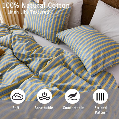 Blue & Yellow Striped Comforter Set Queen Size, 100% Cotton Linen Like Textured Comforter with Ribbon Stripes, Soft Lightweight Reversible Comforter for All Seasons
