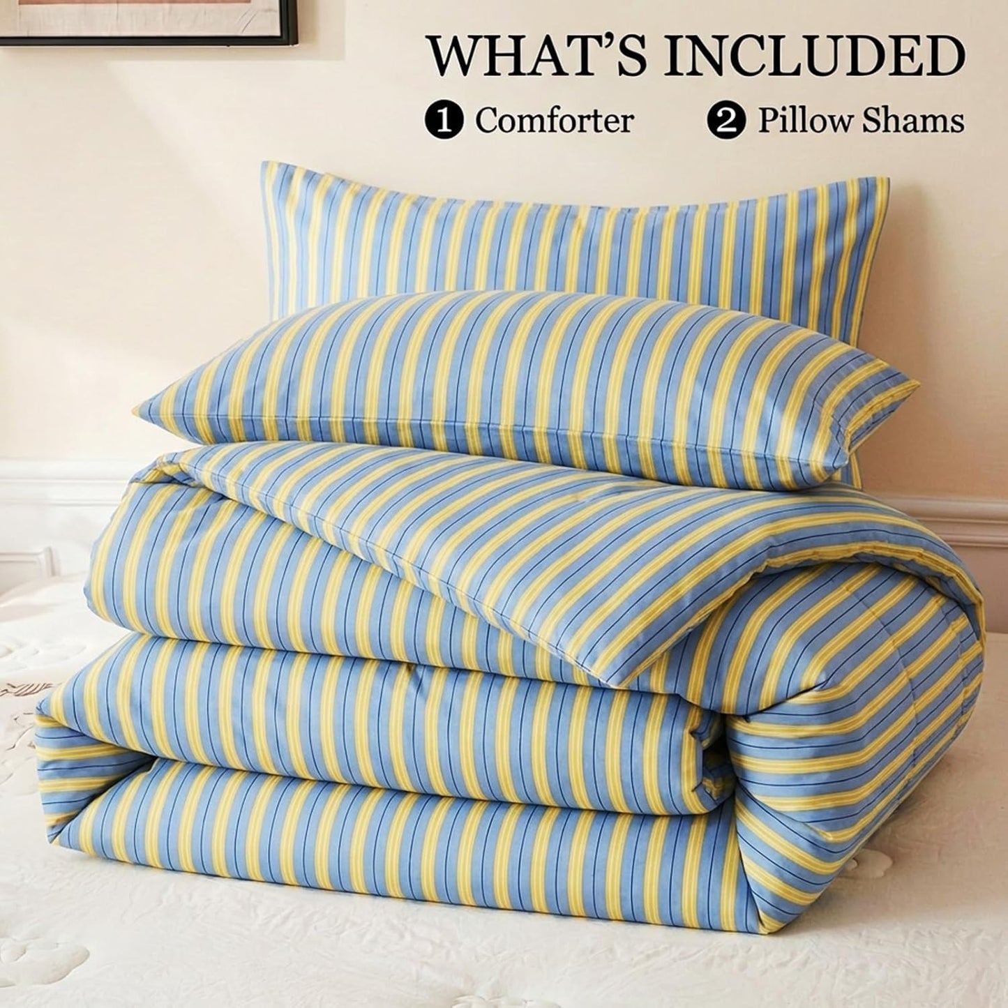 Blue & Yellow Striped Comforter Set Queen Size, 100% Cotton Linen Like Textured Comforter with Ribbon Stripes, Soft Lightweight Reversible Comforter for All Seasons