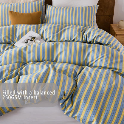 Blue & Yellow Striped Comforter Set Queen Size, 100% Cotton Linen Like Textured Comforter with Ribbon Stripes, Soft Lightweight Reversible Comforter for All Seasons