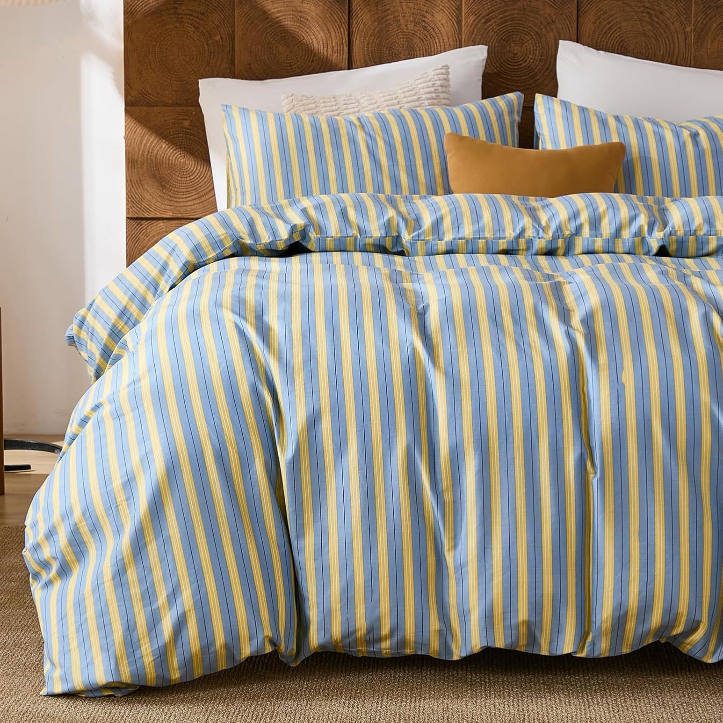 Blue & Yellow Striped Comforter Set Queen Size, 100% Cotton Linen Like Textured Comforter with Ribbon Stripes, Soft Lightweight Reversible Comforter for All Seasons