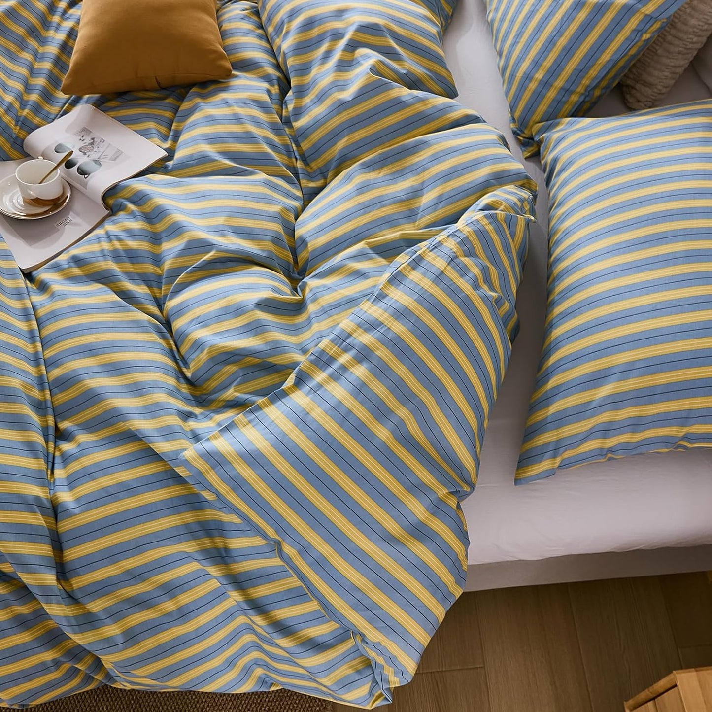 Blue & Yellow Striped Comforter Set Queen Size, 100% Cotton Linen Like Textured Comforter with Ribbon Stripes, Soft Lightweight Reversible Comforter for All Seasons