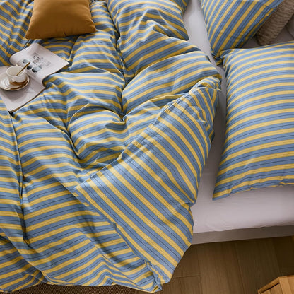 Blue & Yellow Striped Comforter Set Queen Size, 100% Cotton Linen Like Textured Comforter with Ribbon Stripes, Soft Lightweight Reversible Comforter for All Seasons