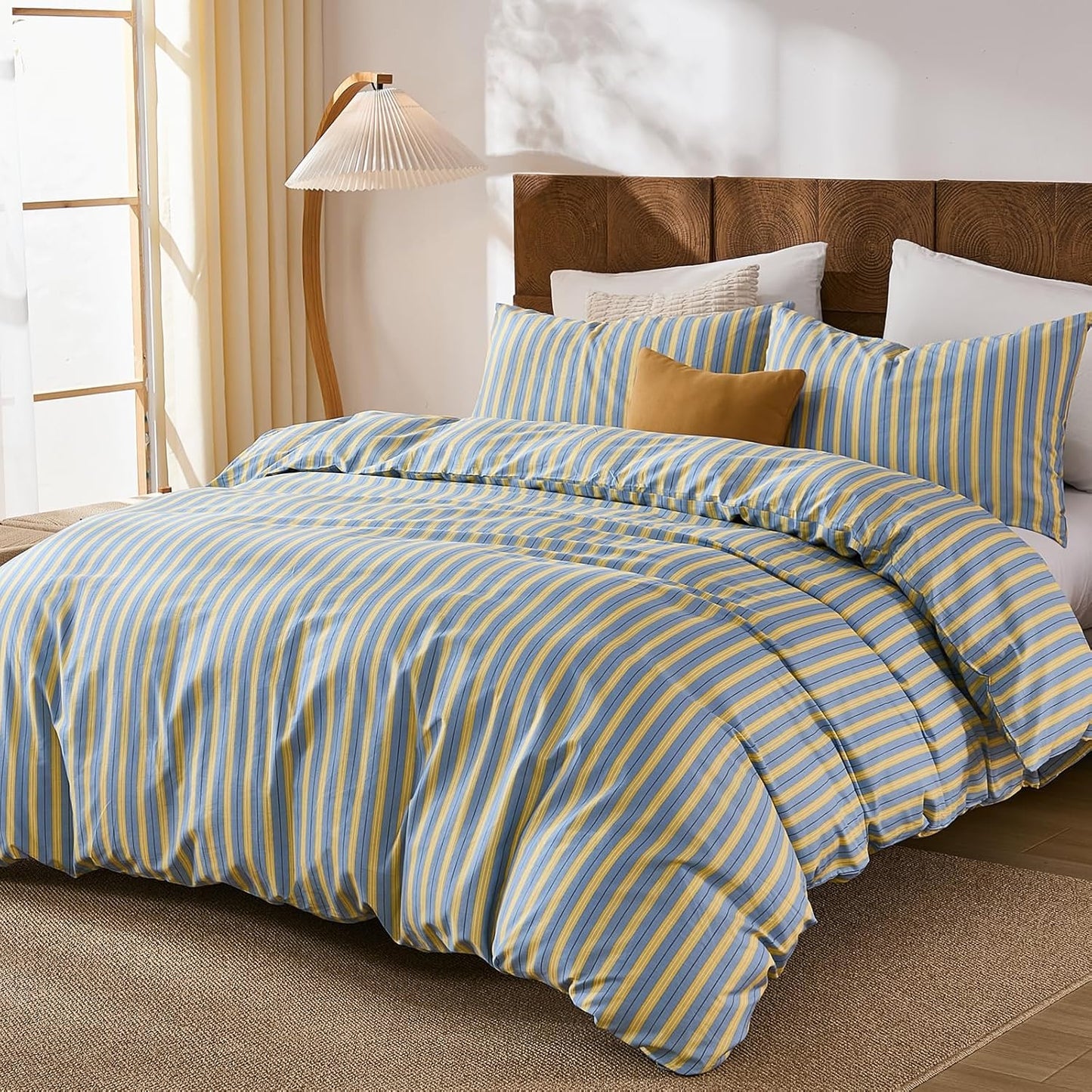 Blue & Yellow Striped Comforter Set Queen Size, 100% Cotton Linen Like Textured Comforter with Ribbon Stripes, Soft Lightweight Reversible Comforter for All Seasons