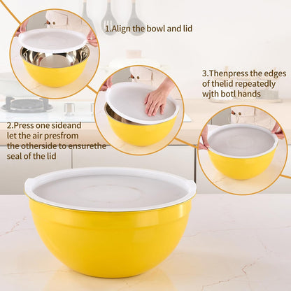 Yellow Mixing Bowls with Airtight Lids, Stainless Steel Nesting Mixing Bowls Set of 7, Ideal for Baking, Prepping and Serving Food, Size 7, 3.6, 2.7, 2.1, 1.5, 1.1,0.8 QT, Stackable Design