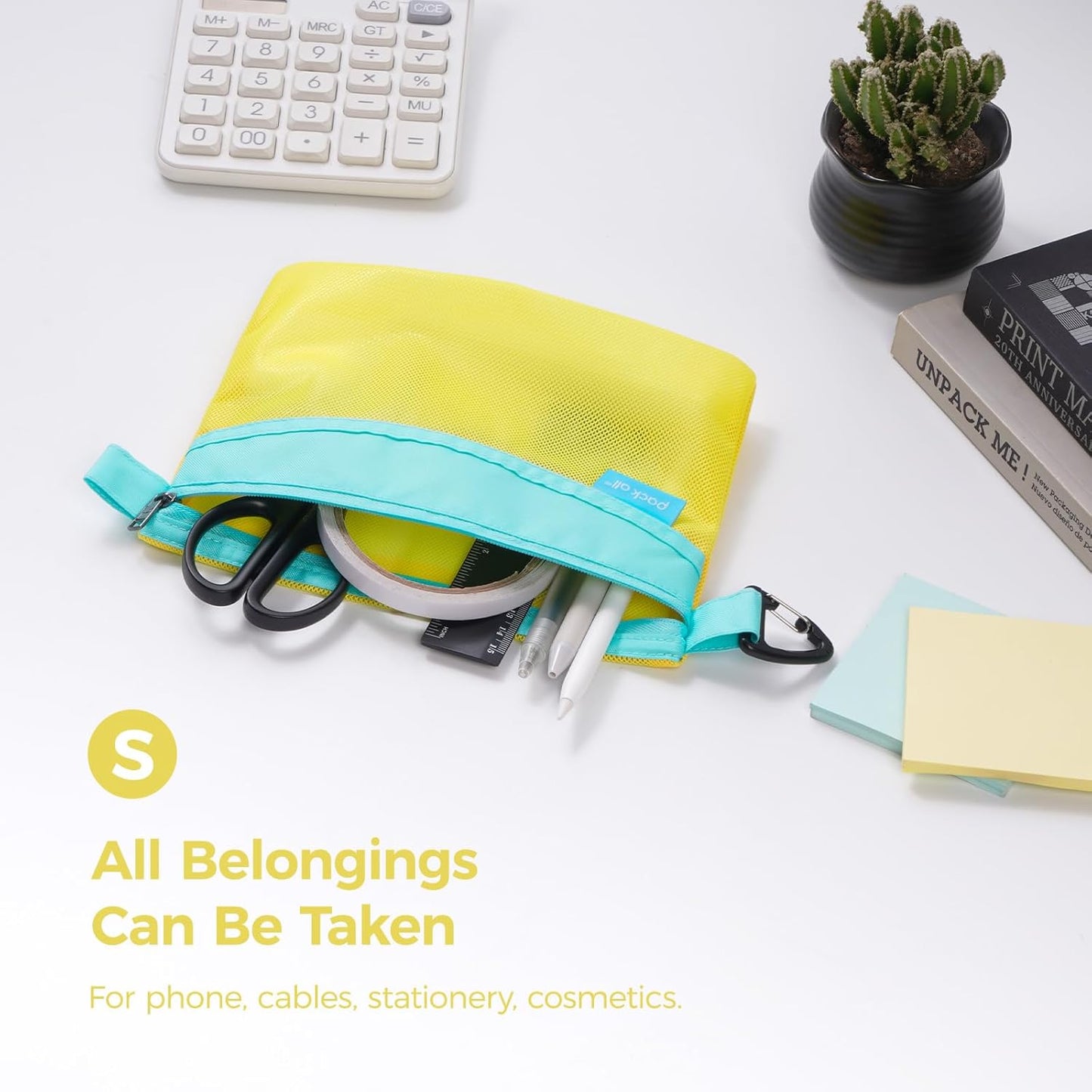 3 Pcs Water-Resistant Zipper Pouch, Mesh Zipper Bag | Quick-View Mesh, Hanging Buckle, Ideal for Travel, Office Storage & Organization, Yellow, Set