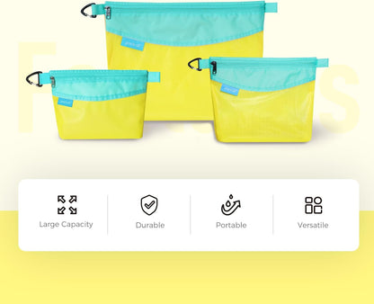 3 Pcs Water-Resistant Zipper Pouch, Mesh Zipper Bag | Quick-View Mesh, Hanging Buckle, Ideal for Travel, Office Storage & Organization, Yellow, Set