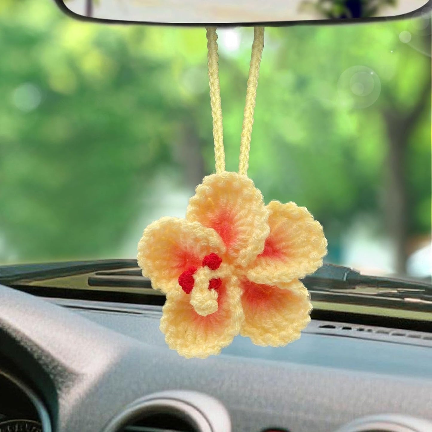 Crochet Hibiscus Flower, Rear View Mirror Hanging Ornament (Yellow) | Handmade Hawaiian Tropical Flower, Crochet Plant for Car Decor, Beach Car Accessories, Cute Bag Charms, Gift for Women