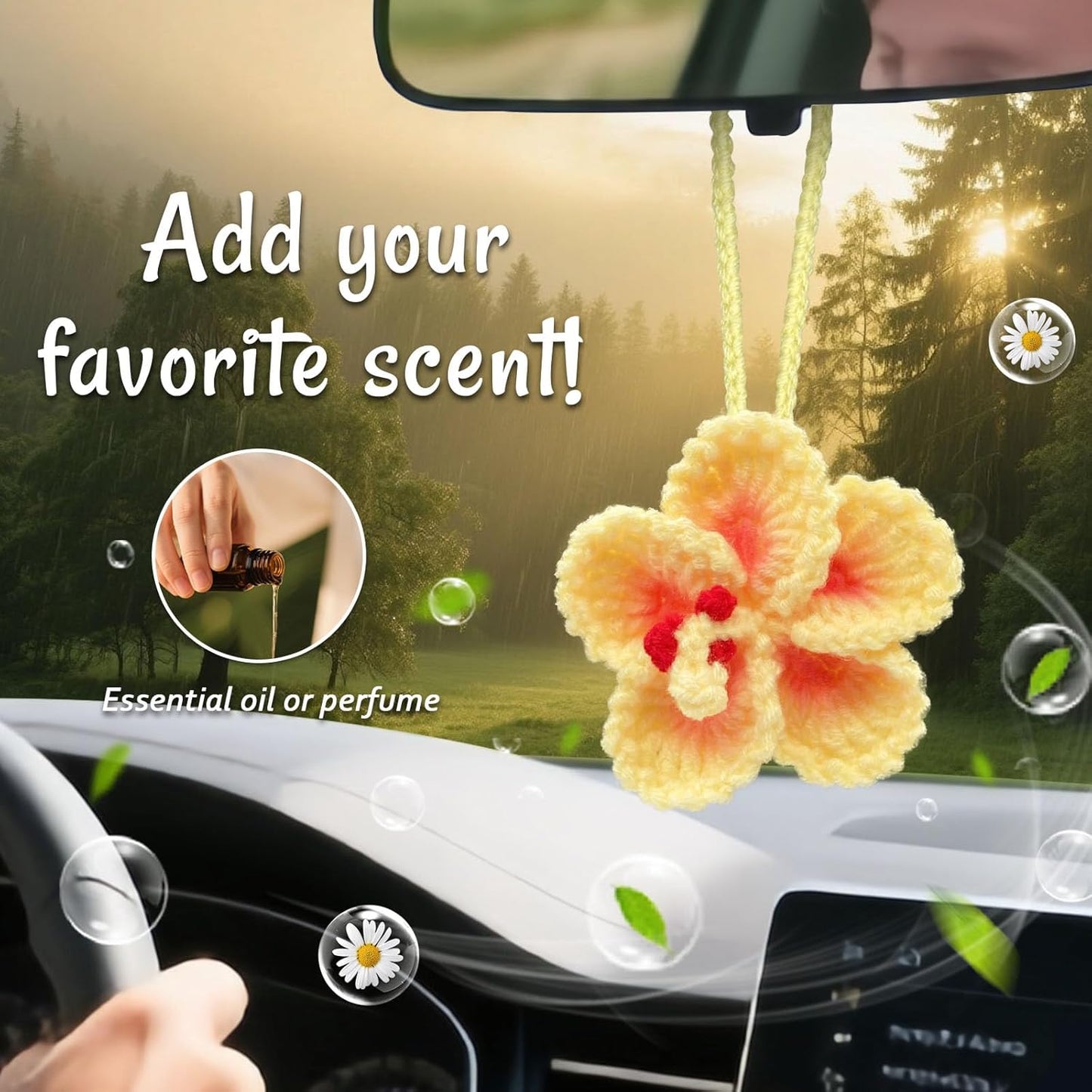 Crochet Hibiscus Flower, Rear View Mirror Hanging Ornament (Yellow) | Handmade Hawaiian Tropical Flower, Crochet Plant for Car Decor, Beach Car Accessories, Cute Bag Charms, Gift for Women